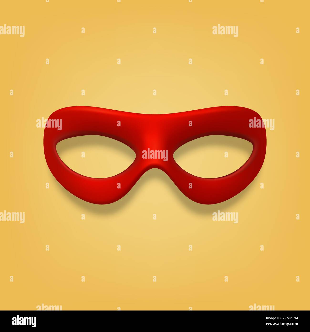 Vector 3d Realistic Blank Red Hero Carnival Eye Mask on Yellow Background Closeup. Hero Mask for Carnival, Party, Masquerade Glasses. Design Template Stock Vector