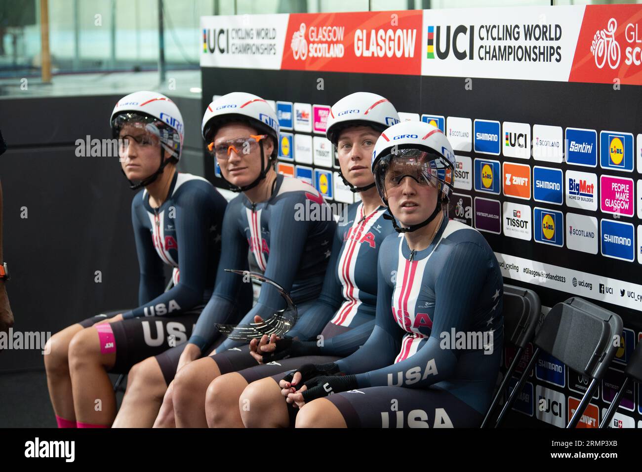 The US womens team pursuit riders watch the results during qualifying for the UCI Track Cycling World Championships, August 5, 2023 Stock Photo