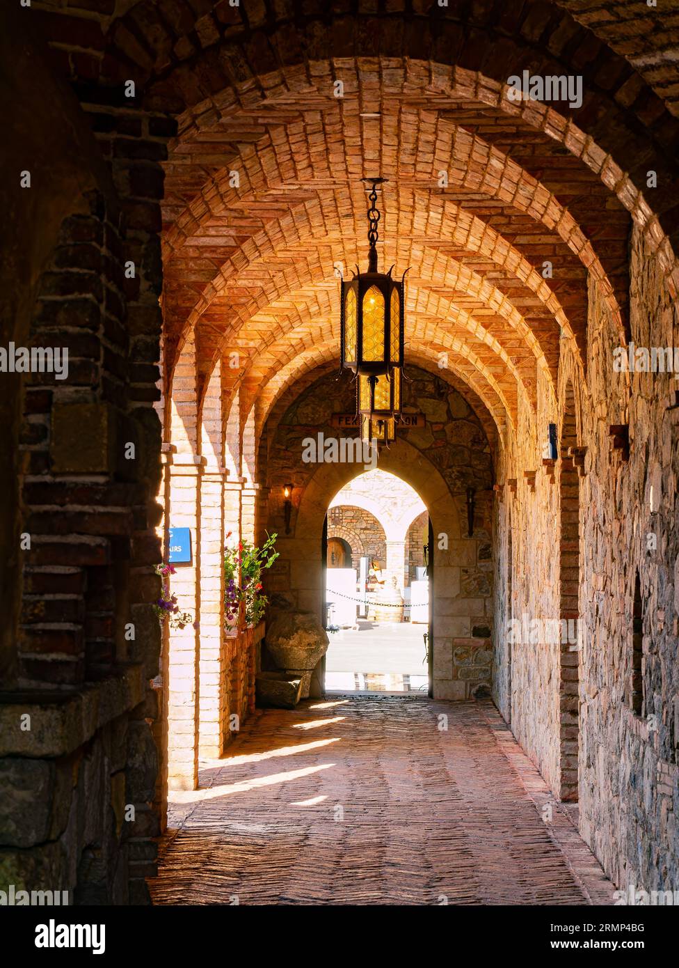 Sunny exterior view of a hall in Castello di Amorosa at San Francisco ...