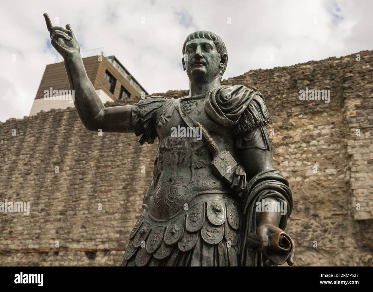 A life size bronze statue on Tower Hill believed to be that of the Roman Emperor Trajan, London, England, U.K. Stock Photo