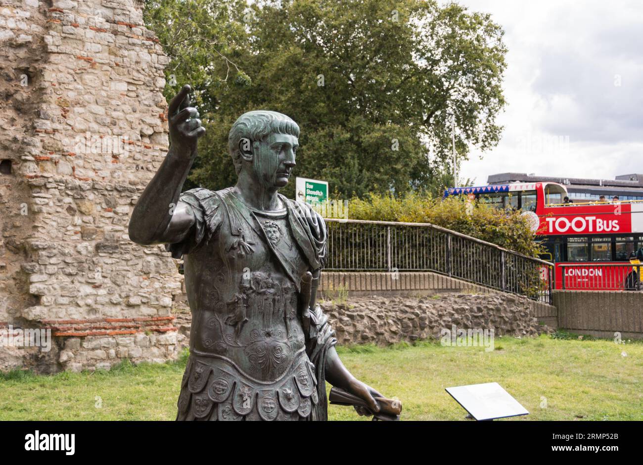 A life size bronze statue on Tower Hill believed to be that of the Roman Emperor Trajan, London, England, U.K. Stock Photo