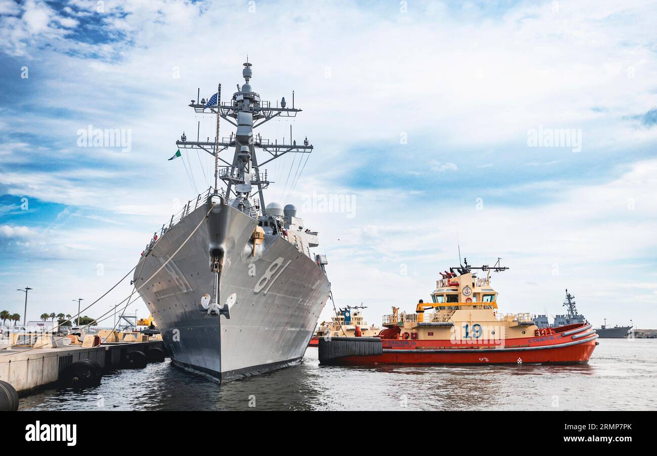 Mayport, United States. 29th Aug, 2023. The U.S. Navy Arleigh-burke class guided-missile destroyer USS Winston Churchill prepares to leave its homeport, Naval Station Mayport, ahead of the arrival of Hurricane Idalia, August 29, 2023 in Mayport, Florida. Hurricane Idalia, is forecast to bring high winds and heavy rain to the East Coast. Credit: MC1 Brandon Vinson/U.S. Navy/Alamy Live News Stock Photo