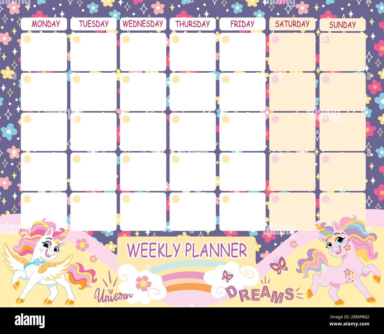 Timetable with cute cartoon unicorns and flowers. Rainbow girly weekly ...