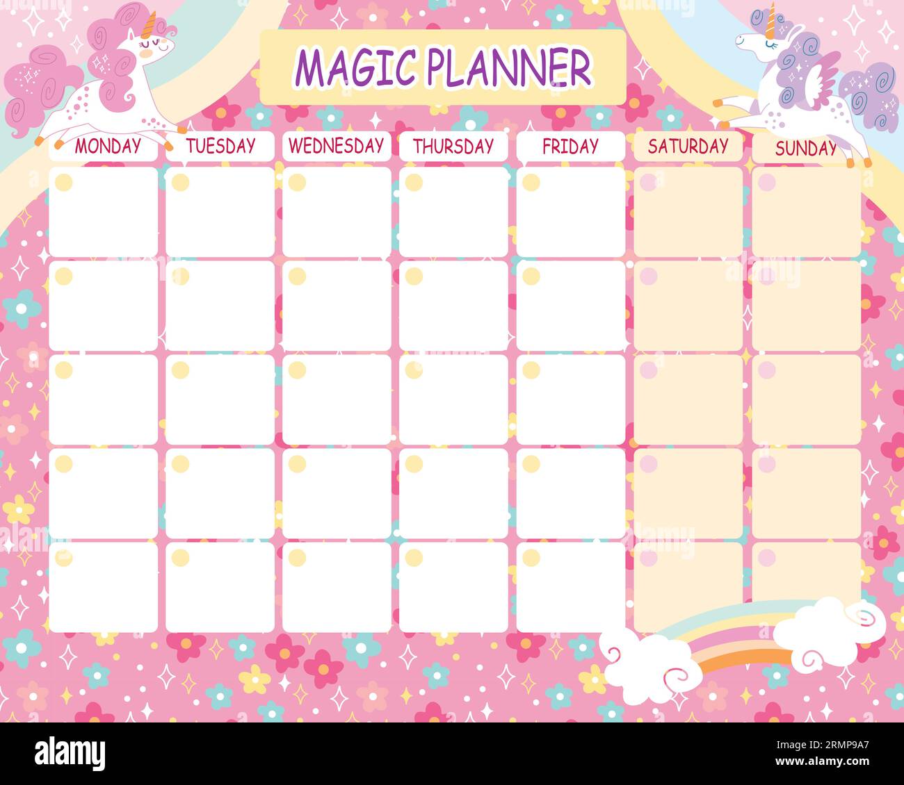 Timetable with cute cartoon unicorns and rainbow. Girlish weekly planner. Ready to print vector