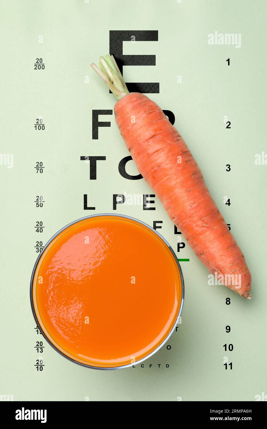 Improving eyesight. Carrot juice on vision test chart, top view Stock
