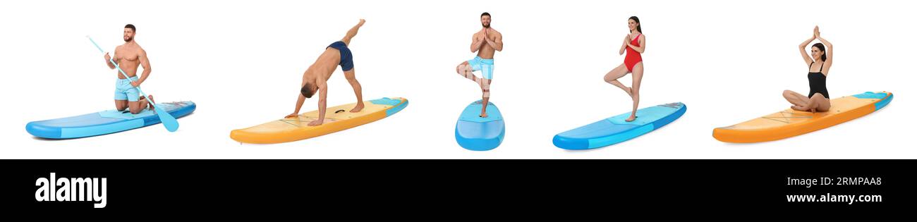 Collage with photos of young man and woman practicing yoga on sup boards isolated on white Stock Photo