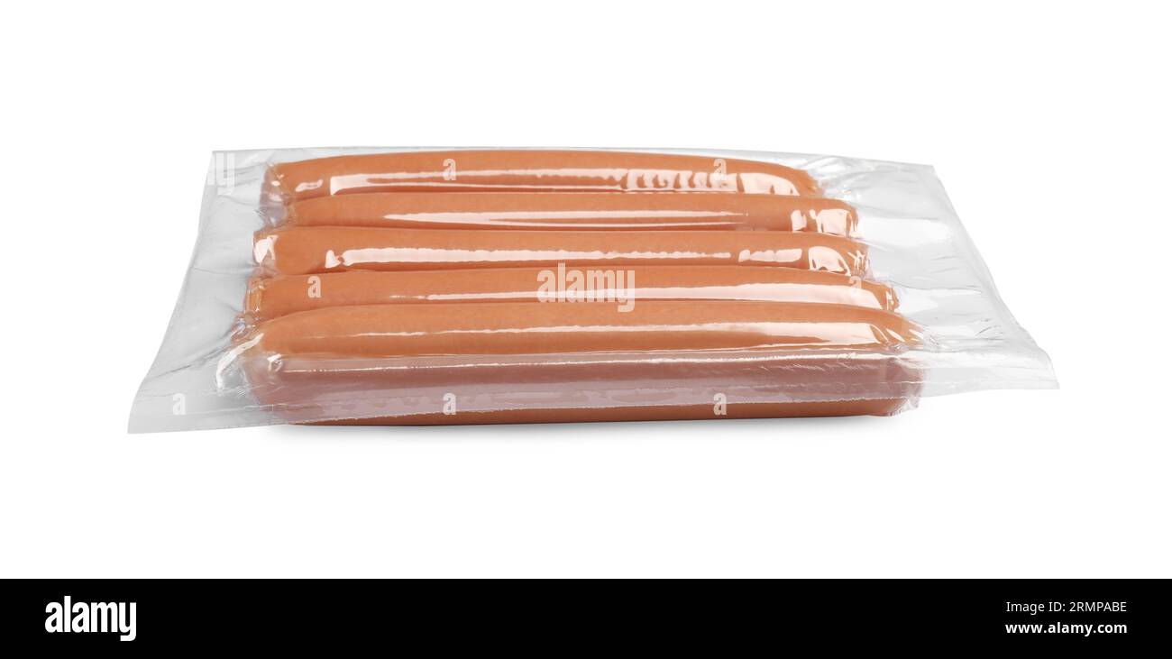 Pack of fresh raw sausages isolated on white. Ingredients for hot dogs Stock Photo