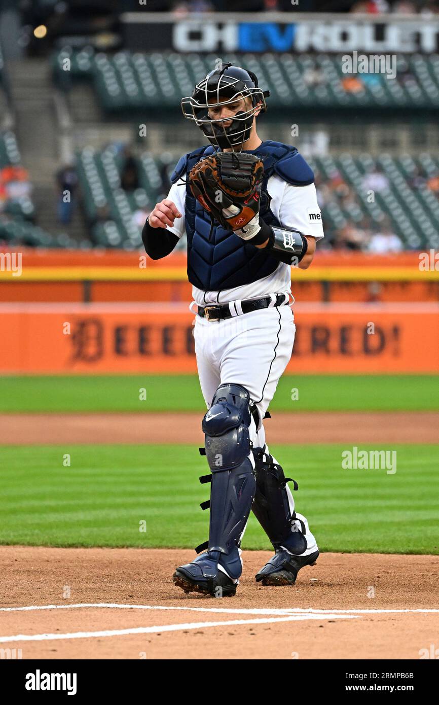 Carson Kelly of the Detroit Tigers looks on during the game