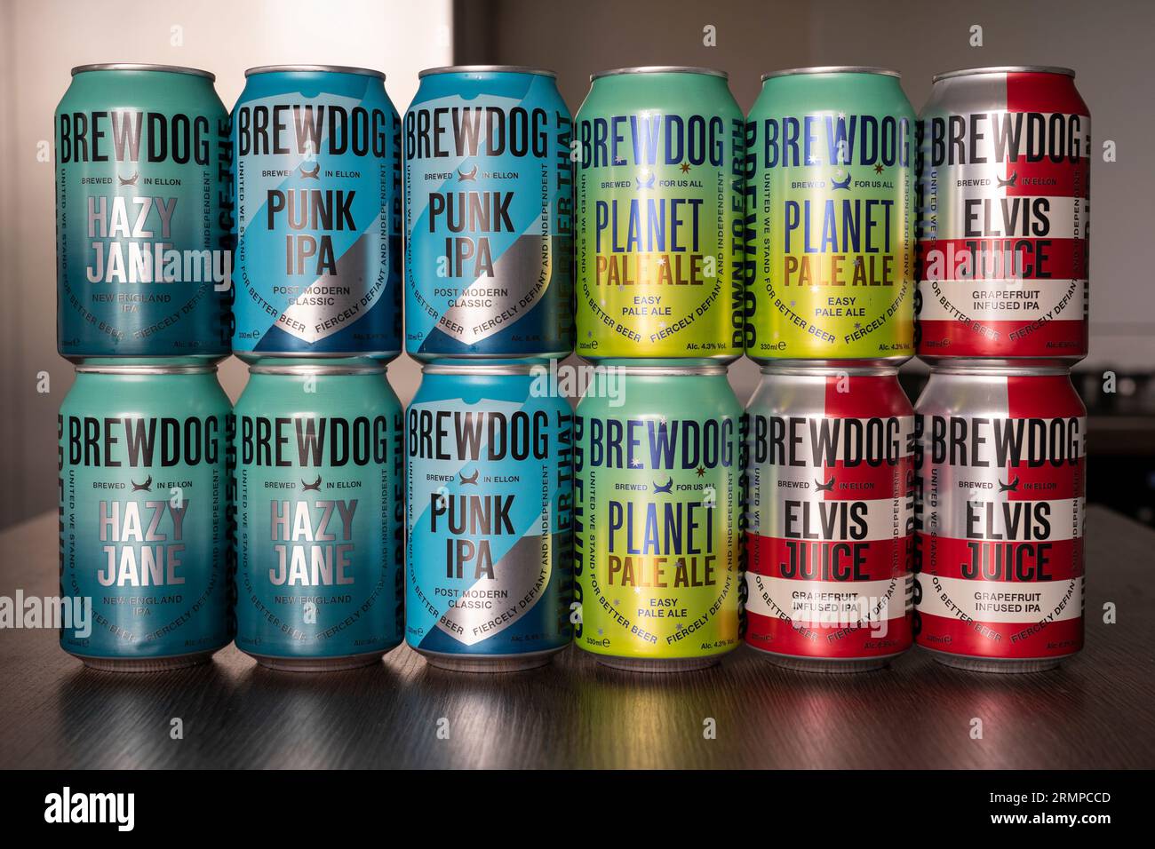 A selection of BrewDog IPA cans, including Punk IPA, Planet Pale Ale, Elvis Juice and Hazy Jane. BrewDog is a multinational brewery and pub chain, UK Stock Photo