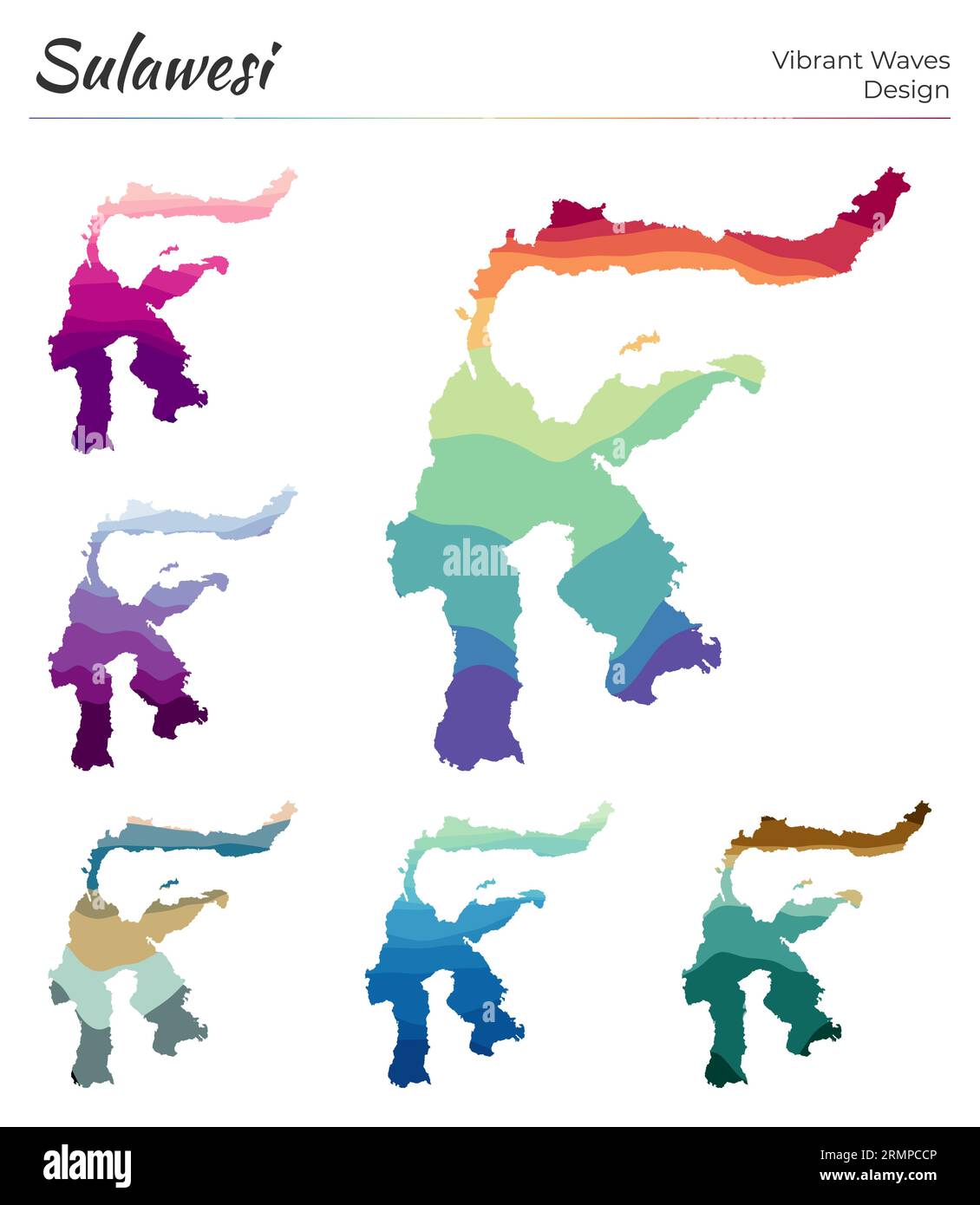 Set of vector maps of Sulawesi. Vibrant waves design. Bright map of ...