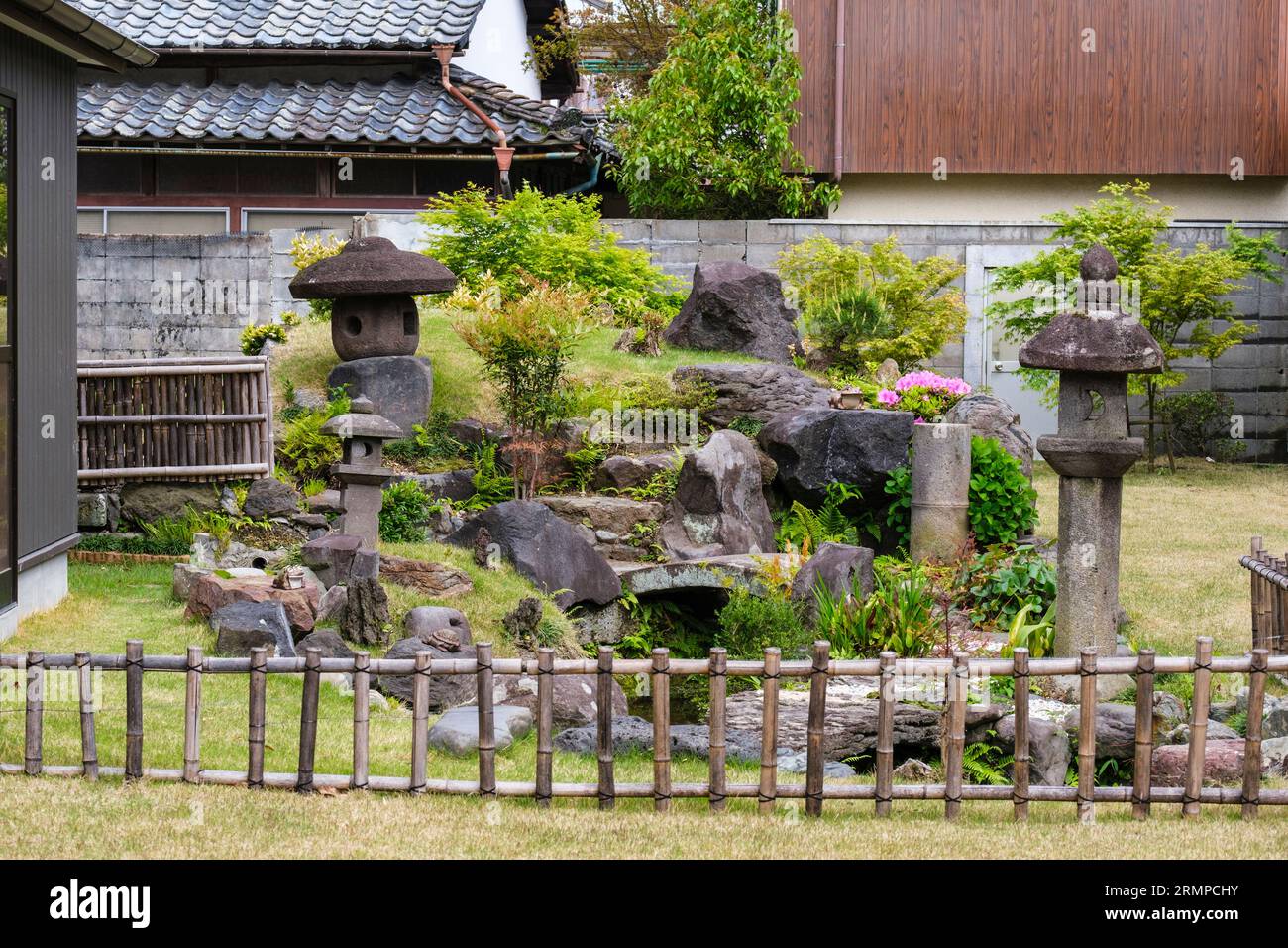 Japan, Kyushu, Taketa. Small Rock Garden. Stock Photo