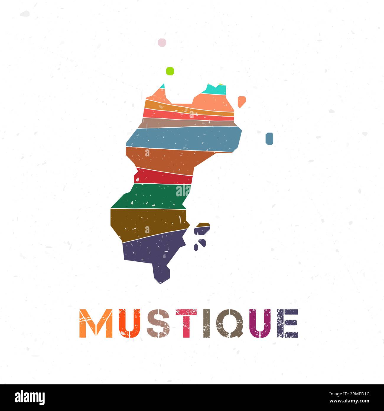 Mustique map design. Shape of the island with beautiful geometric waves and grunge texture. Amazing vector illustration. Stock Vector