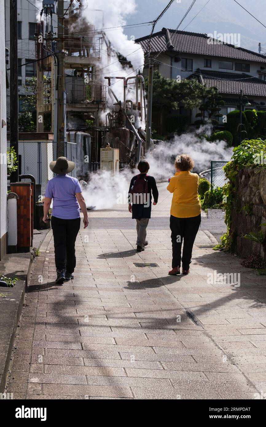 Japan, Kyushu, Beppu. Vents Release Steam Produced by Hot Springs in the Town. Stock Photo