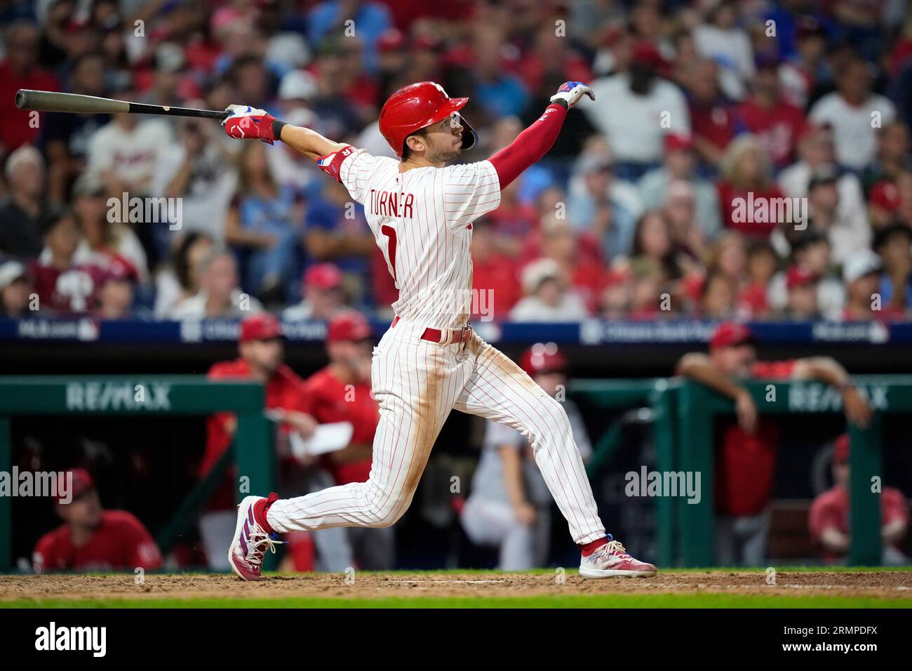 Philadelphia Phillies' Trea Turner follows through after hitting a home run  against Los Angeles Angels pitcher Jaime Barria during the eighth inning of  a baseball game, Tuesday, Aug. 29, 2023, in Philadelphia. (