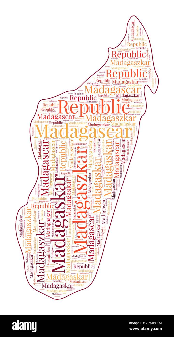 Madagascar shape filled with country name in many languages. Madagascar map in wordcloud style. Charming vector illustration. Stock Vector