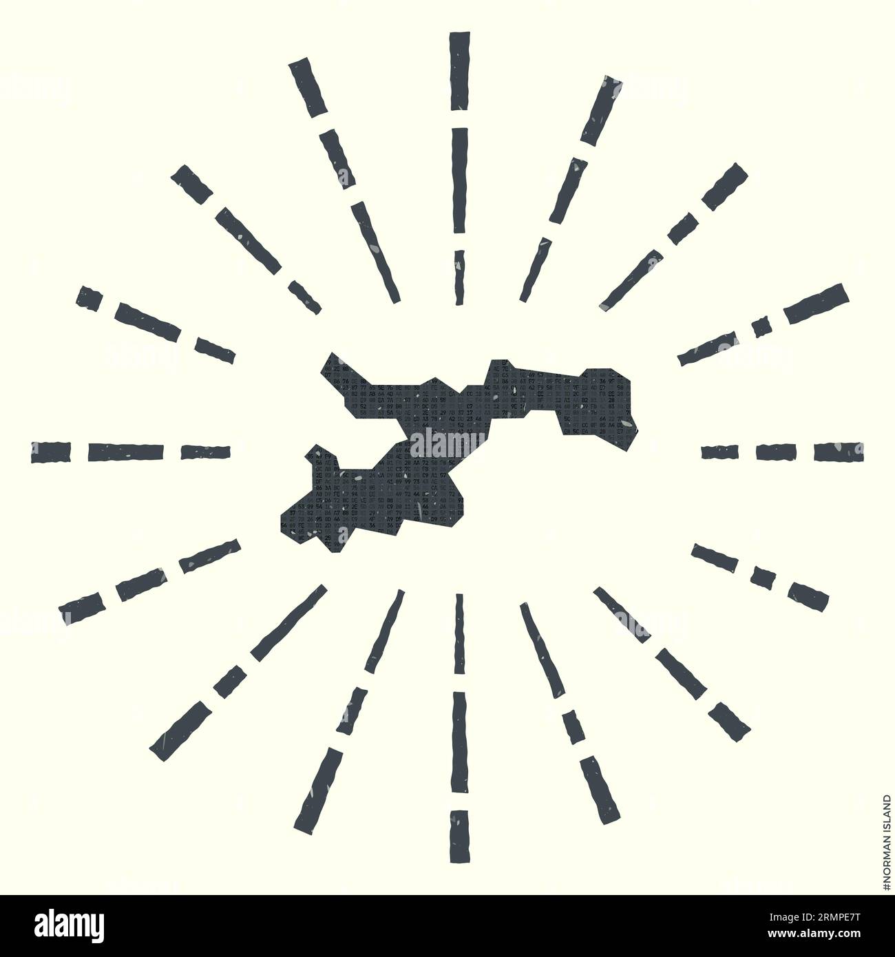 Norman Island Logo. Grunge sunburst poster with border map. Shape of Norman Island filled with hex digits with sunburst rays around. Attractive vector Stock Vector