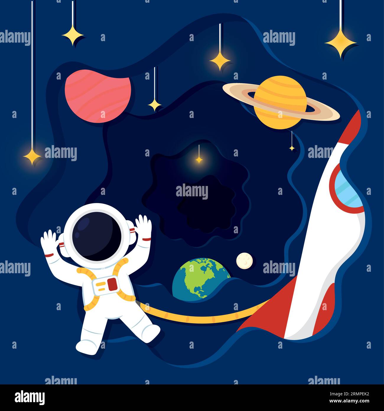 Layered view of outer space with an astronaut and planets Vector Stock ...