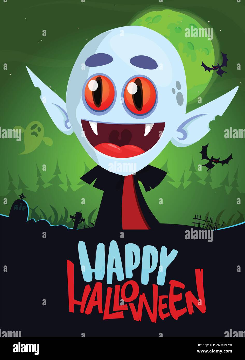 Vampire cartoon character on night cemetery background. Halloween
