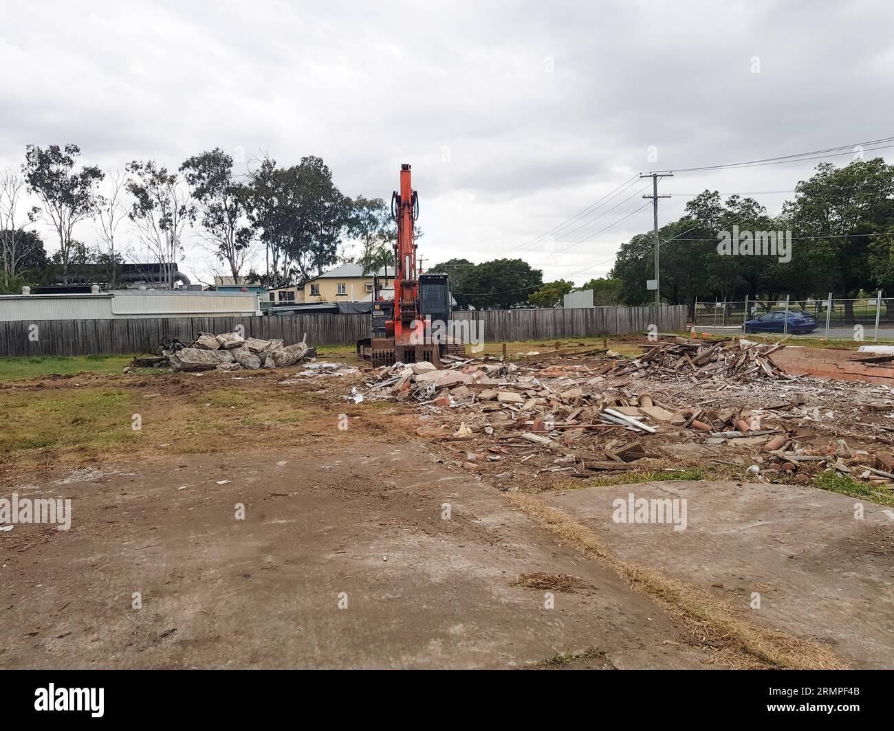 Brisbane, Australia - August 7, 2023: Demolition of flood affected properties through the Government Buy-Back Scheme. Stock Photo
