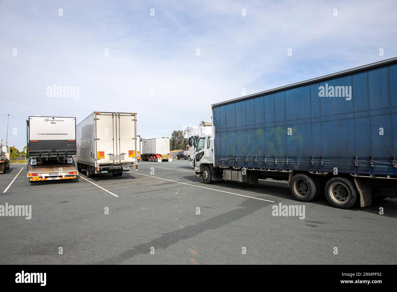 Australian freight heavy goods trucks vehicles parked near Port Macquarie in New South Wales,Australia Stock Photo