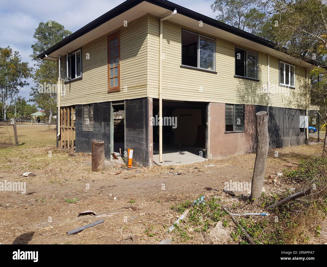 Brisbane, Australia - August 17, 2023: Demolition of flood affected properties through the Government Buy-Back Scheme. Stock Photo