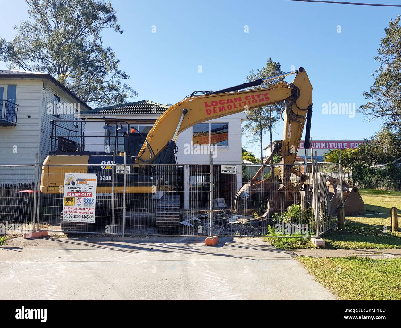 Brisbane, Australia - August 20, 2023: Demolition of flood affected properties through the Government Buy-Back Scheme. Stock Photo