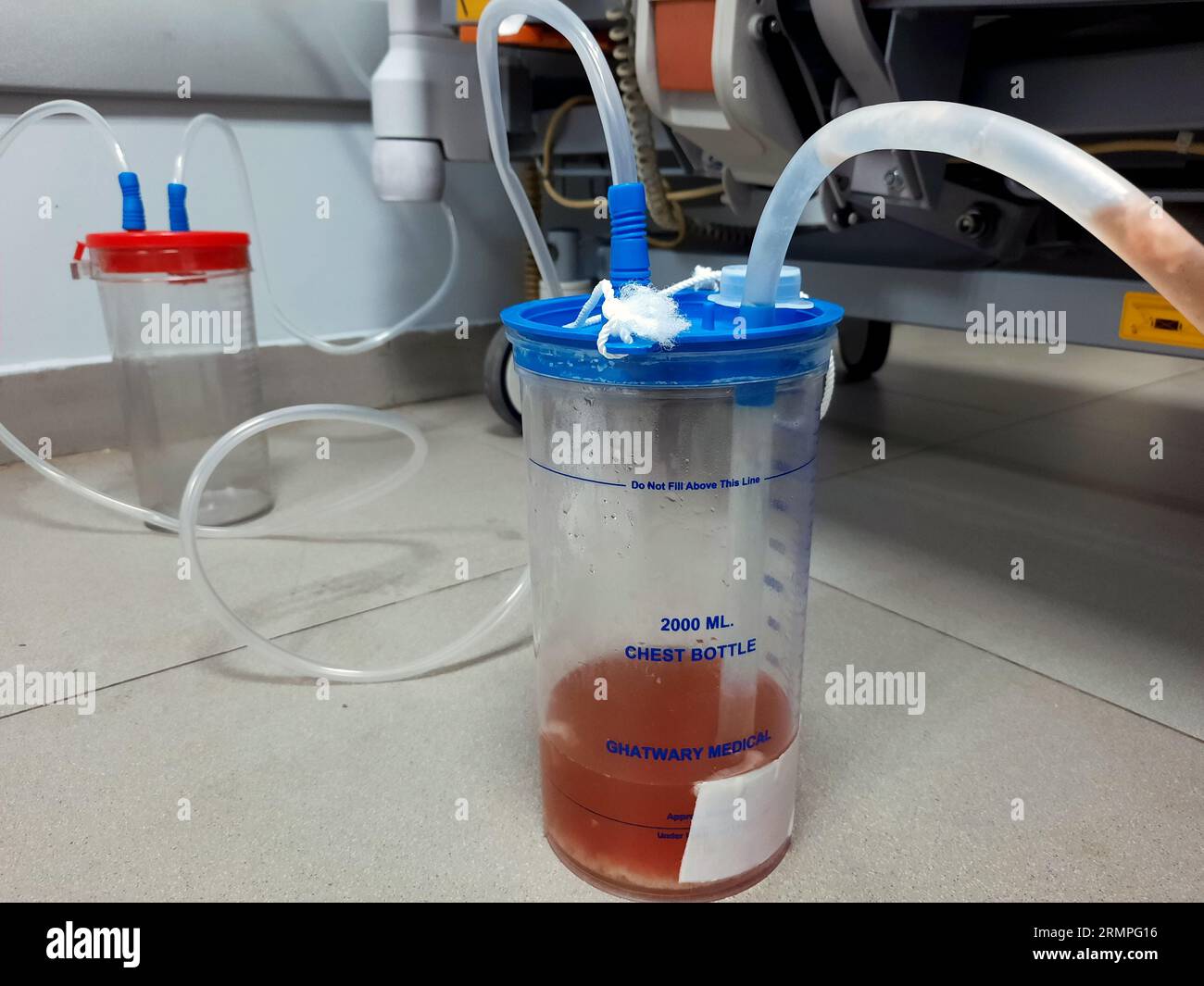 Cairo, Egypt, August 2 2023: Ghatwary medical chest bottle 2000ml, drainage from a chest tube of aspiration pneumonia case resulted in pleural effusio Stock Photo