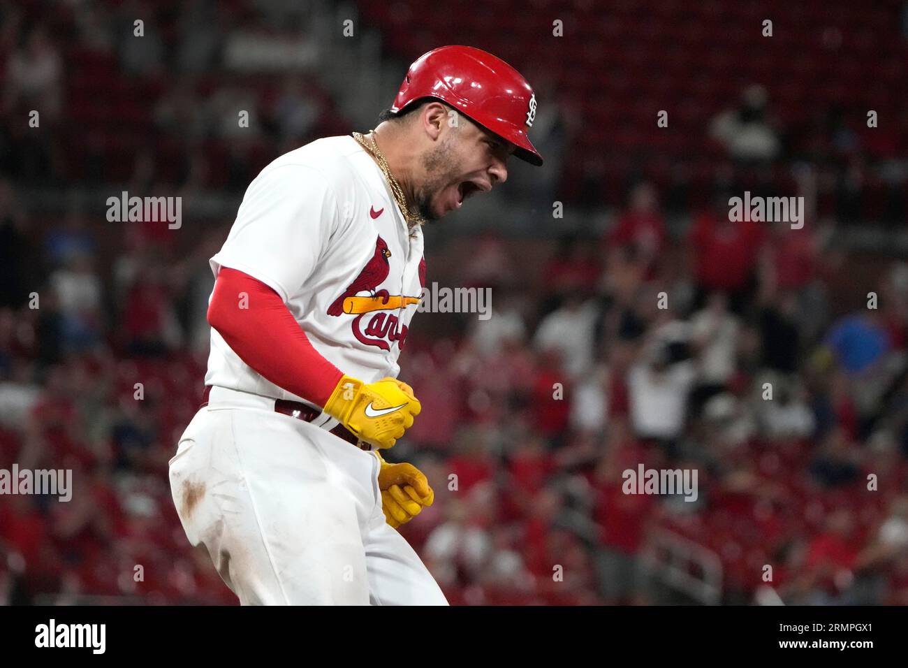 St. Louis Cardinals' Willson Contreras celebrates as he rounds the bases  after hitting a two-run home run during the eighth inning of a baseball  game against the San Diego Padres Tuesday, Aug.