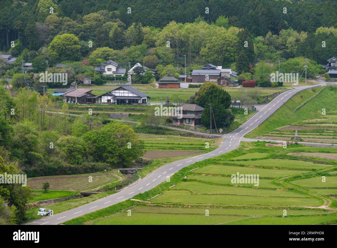 Japan, Kyushu. View of Tashibu-no-sho Village and Farmland. Kunisaki Peninsula, Oita Prefecture. Stock Photo
