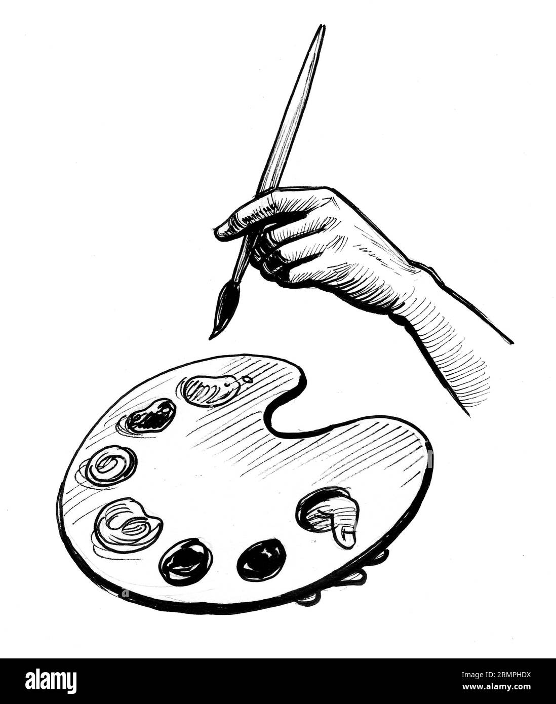 Hands with painting brush and palette. Retro styled ink black and white