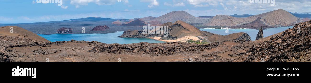 Panoramic view of the bay of Bartolomè island seen from the top of the volcano near the beach Stock Photo