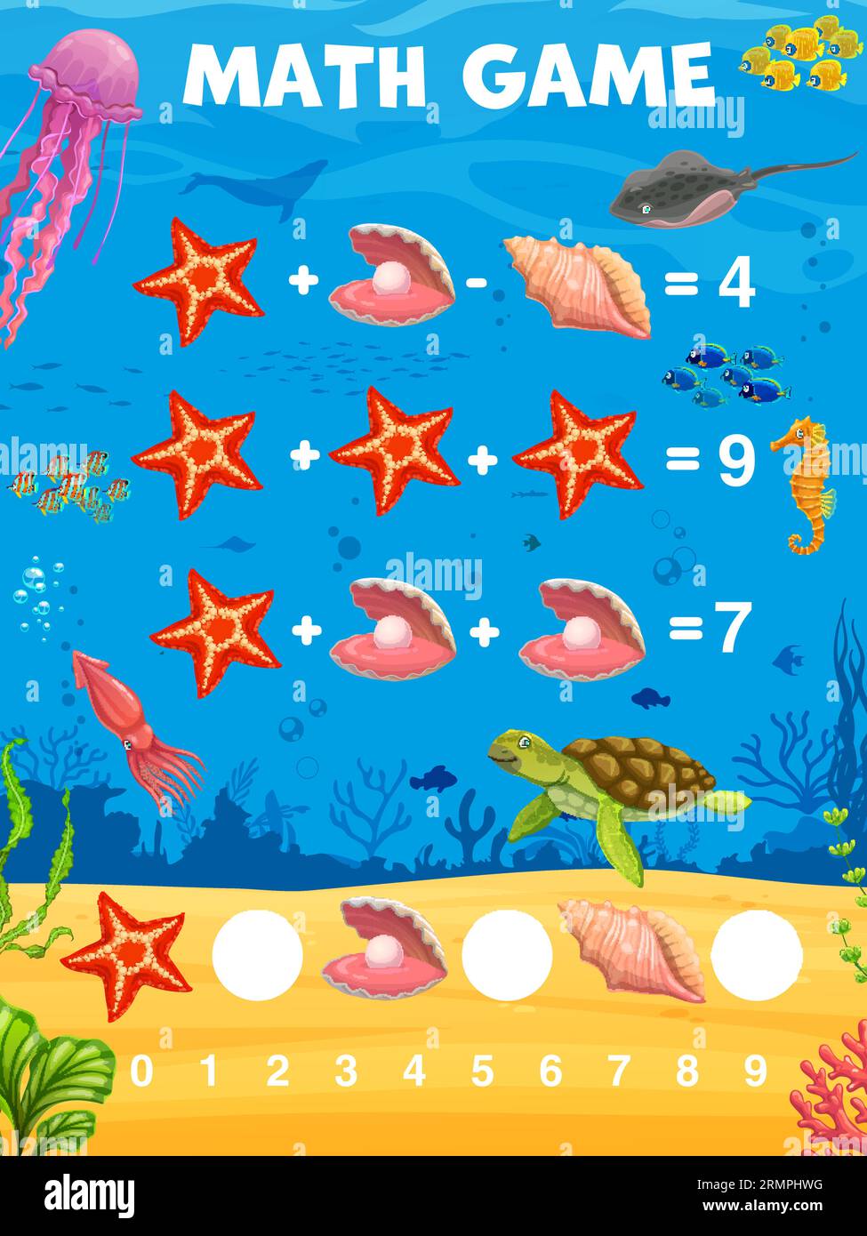 Math game worksheet. Cartoon animals, fish and seashells. Education