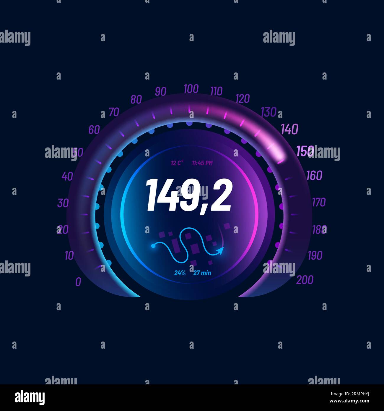Speedometer neon dial, speed gauge dashboard, futuristic interface