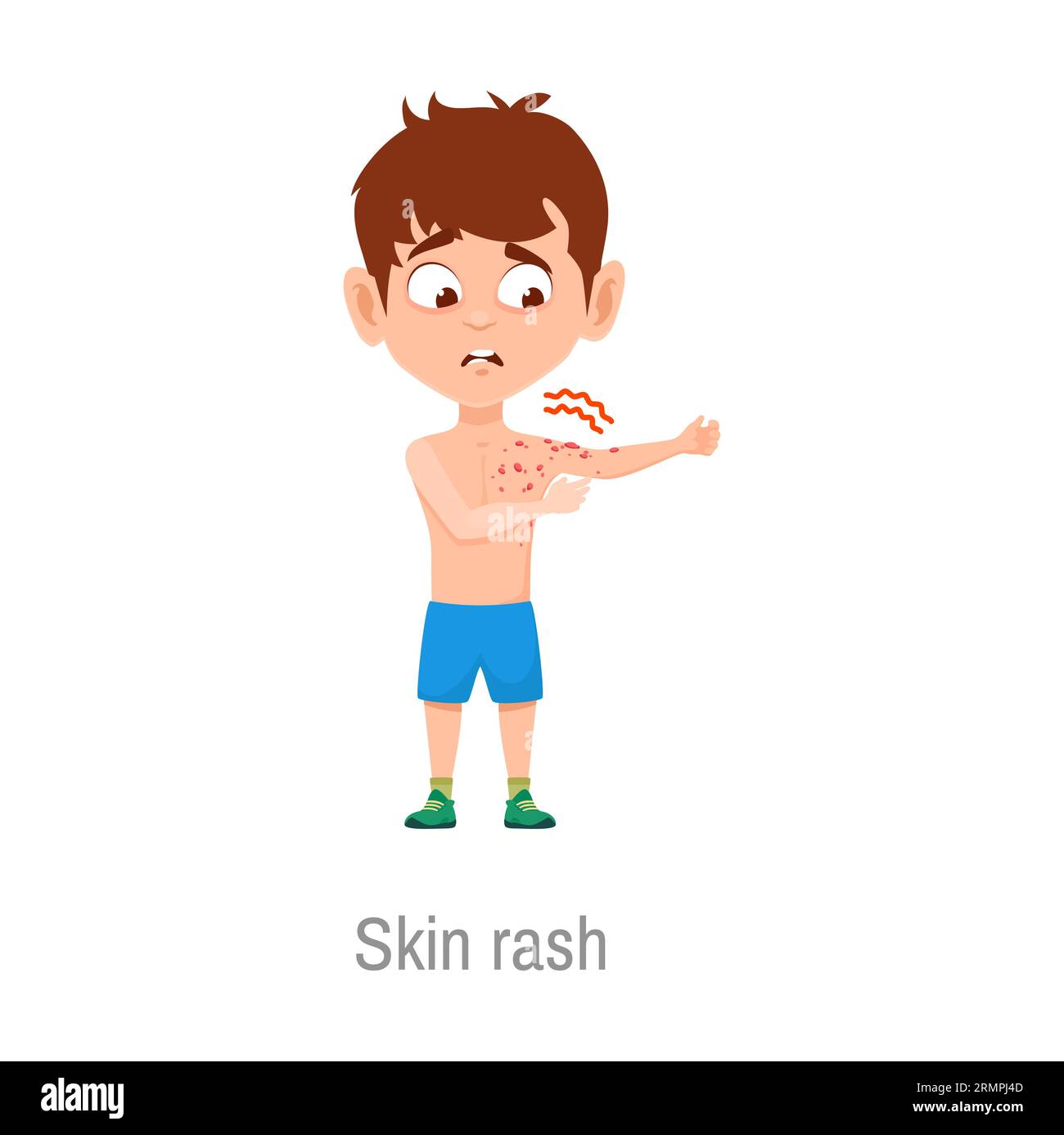 Child with skin rash disease. Isolated vector sick boy with itchy red spots on skin. Eczema