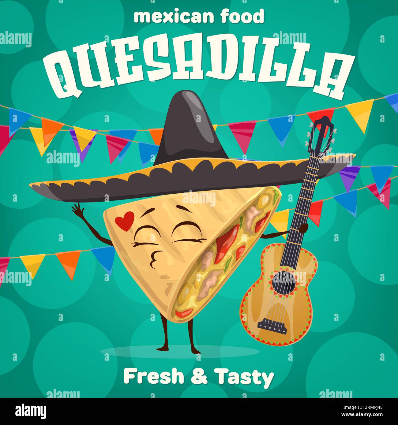 Cartoon quesadilla mexican character with guitar and sombrero on
