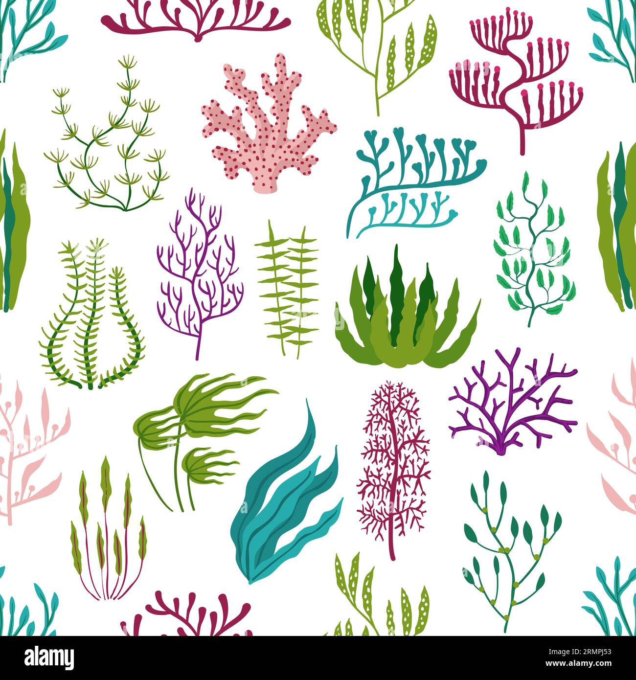 Underwater seaweed plants, aquarium algae seamless pattern. Corals and seaweeds vector background of marine flora with green kelp and laminaria, purpl Stock Vector
