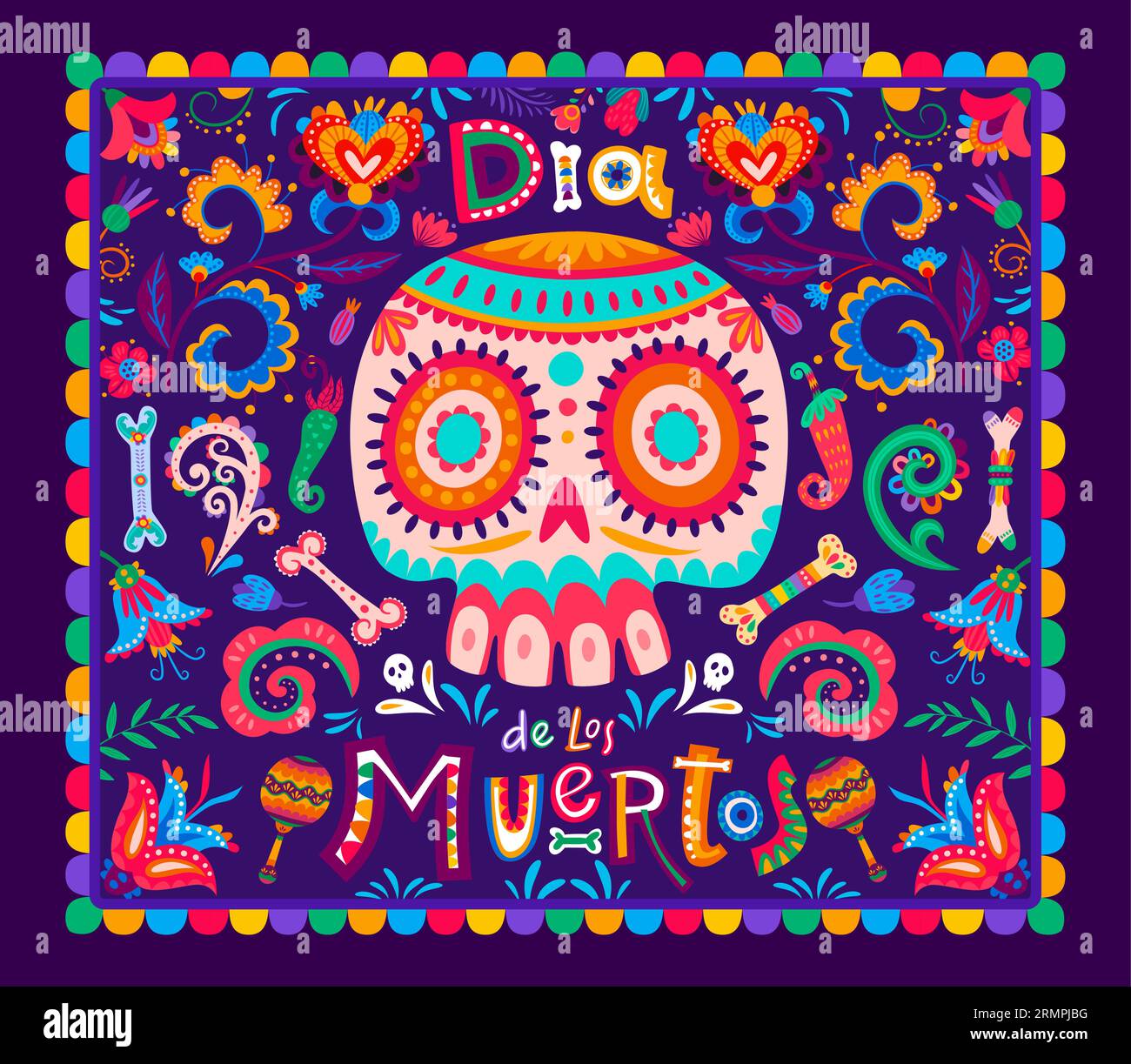 Dia de los Muertos mexican holiday banner. Tropical flowers, calavera ...