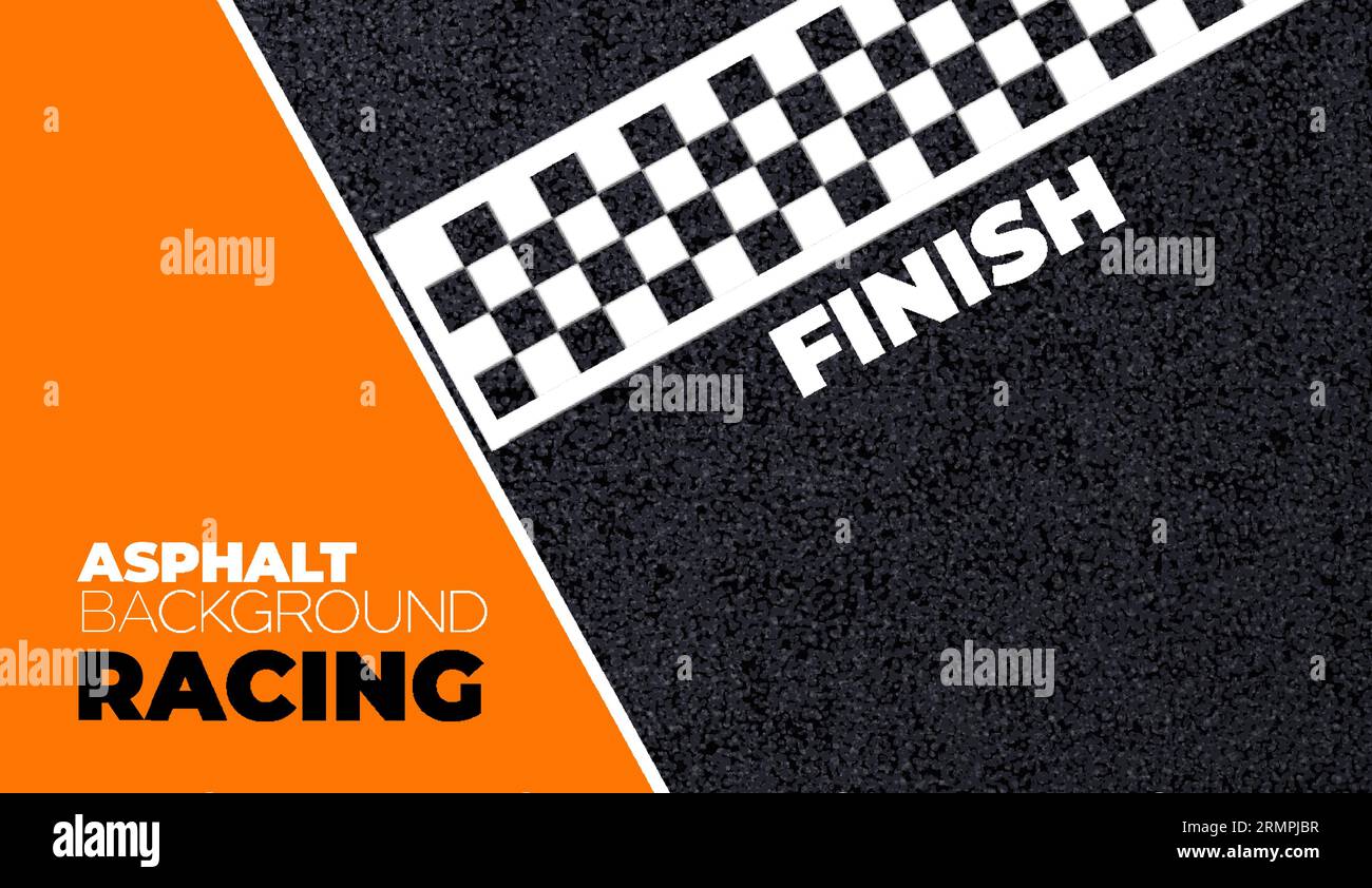 Realistic race track asphalt finished line. Vector background or banner for racing competition or tournament with black and white checkered marking an Stock Vector