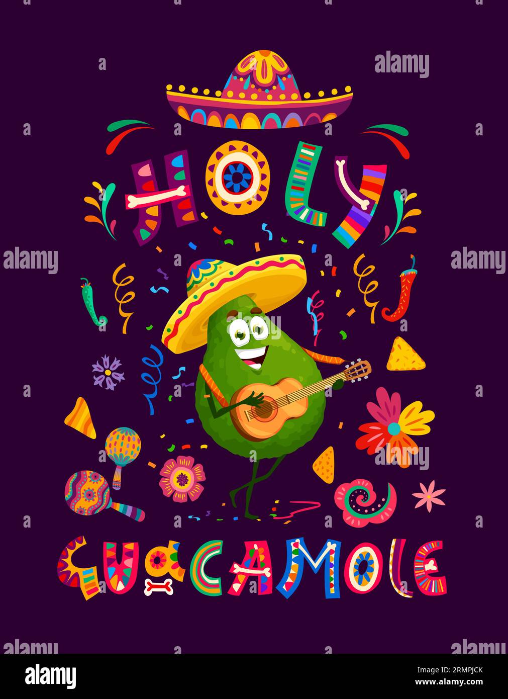 Quote or tshirt print holy guacamole with cartoon cheerful avocado