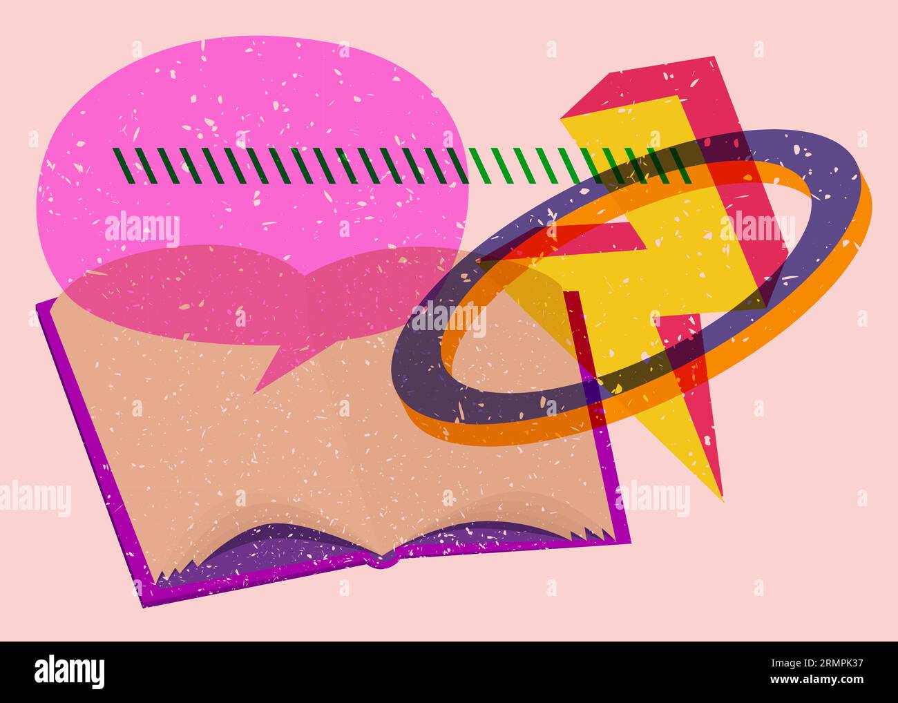 Book with speech bubble and colorful geometric shapes. Educational Object in trendy riso graph design. Geometry elements abstract risograph print text Stock Vector