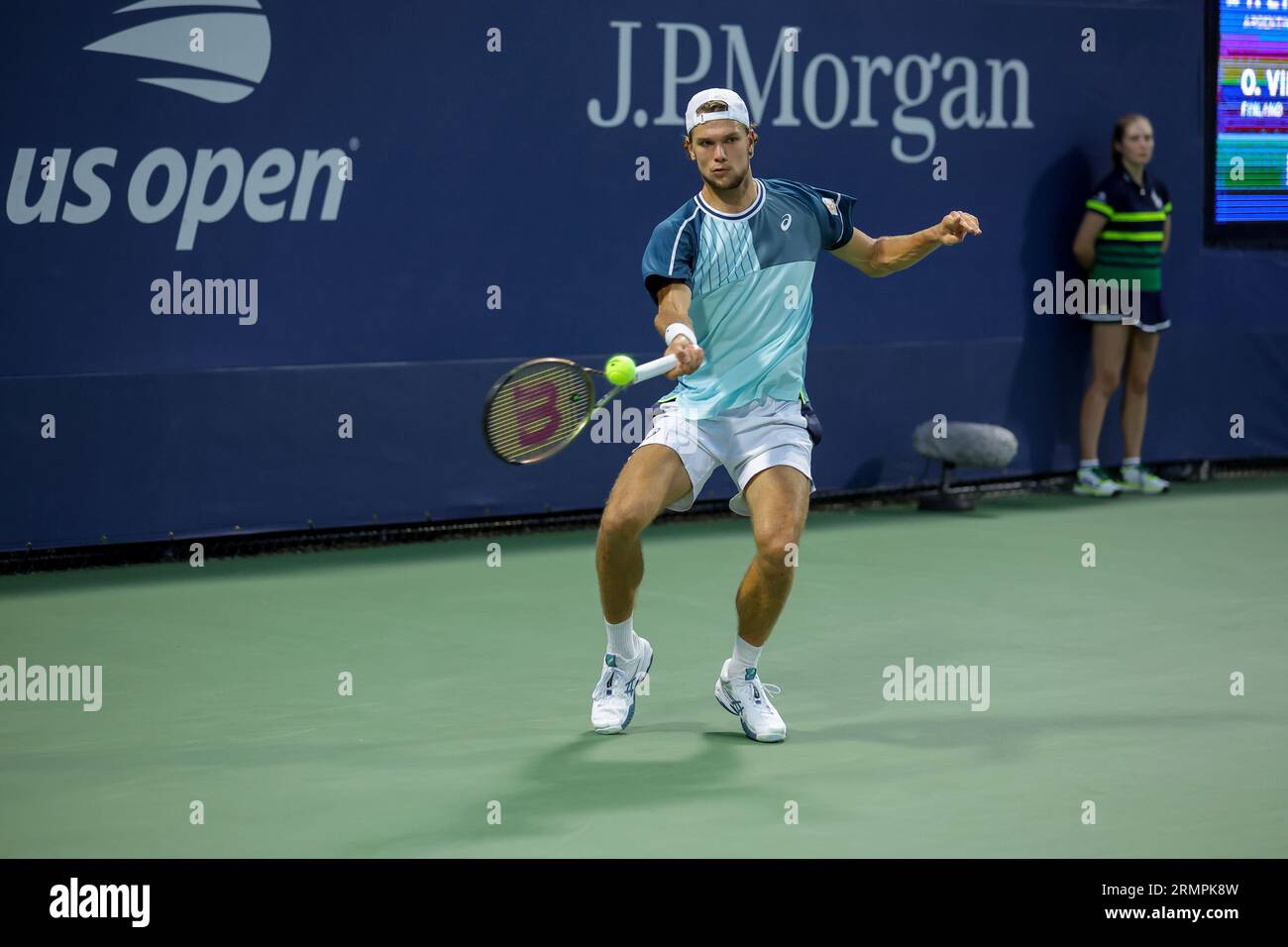 Otto Virtanen in action during a mens singles match at the 2023 US Open, Tuesday, Aug