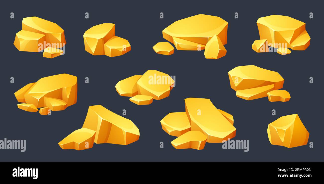 Piles of gold nuggets isolated on black background. Vector cartoon illustration of golden slabs, mine or treasure cave design elements, amber crystals, yellow gemstones, royal wealth, game assets Stock Vector