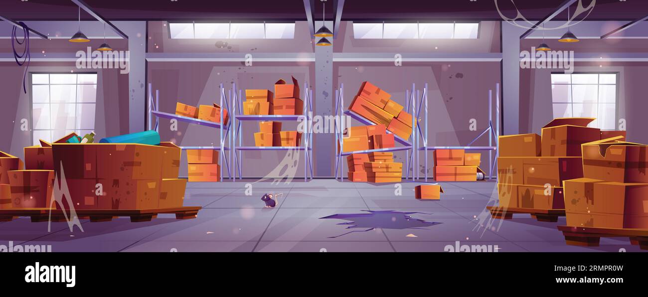 Broken and abandoned warehouse room with damaged storage inventory, destroyed wooden containers and carton parcel boxes, garbage and messy, cobwebs and mouse. Cartoon vector closed storage hangar. Stock Vector