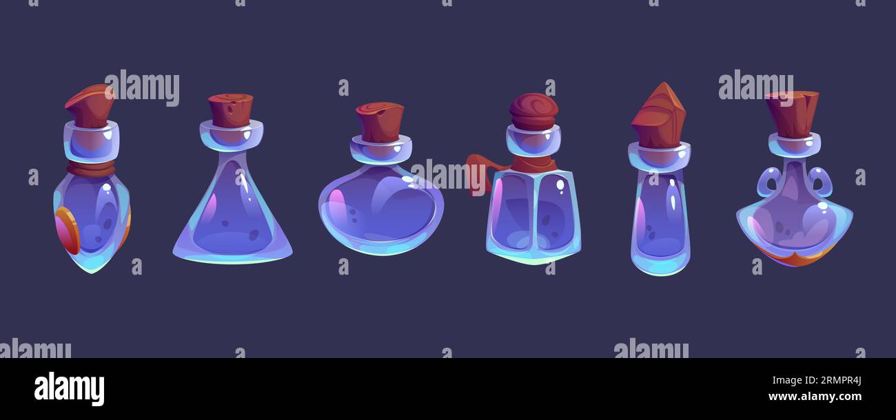 Empty magic potion bottle for fantasy game cartoon set. Witch glass