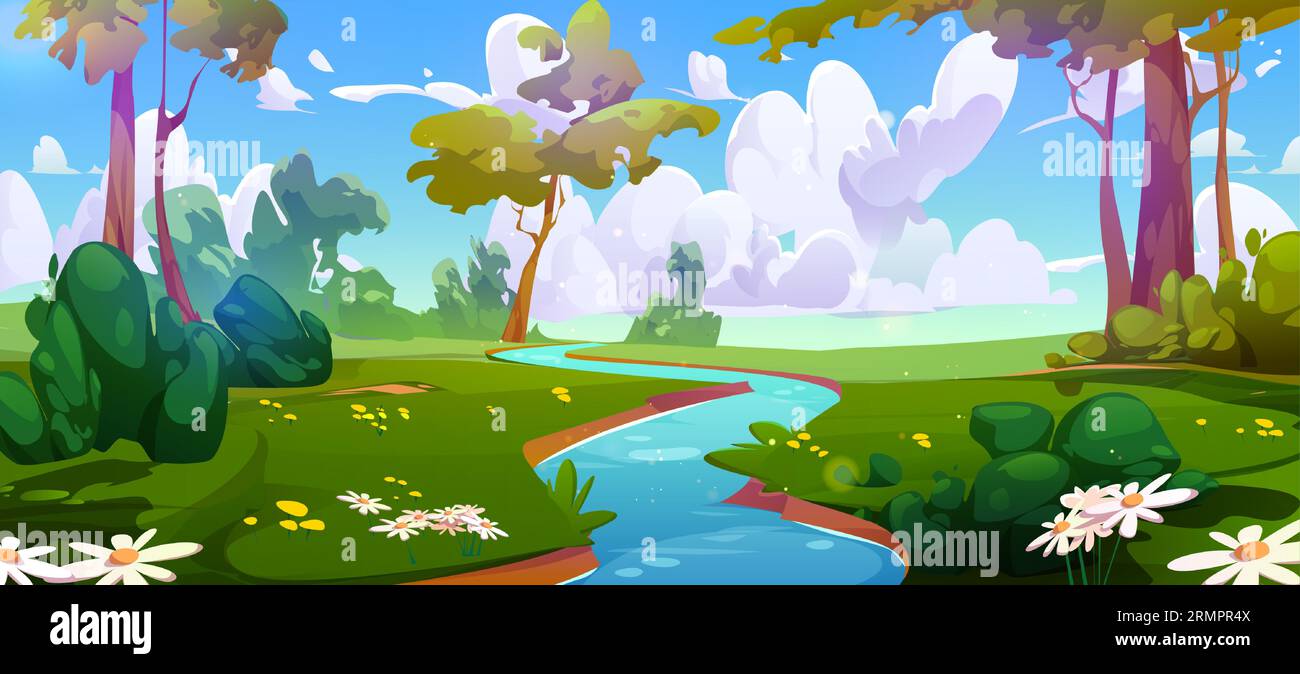 Cartoon forest landscape with river flowing between green banks with trees, bushes, grass and flowers over sky with clouds. Vector illustration of summer or spring natural scene with water stream. Stock Vector