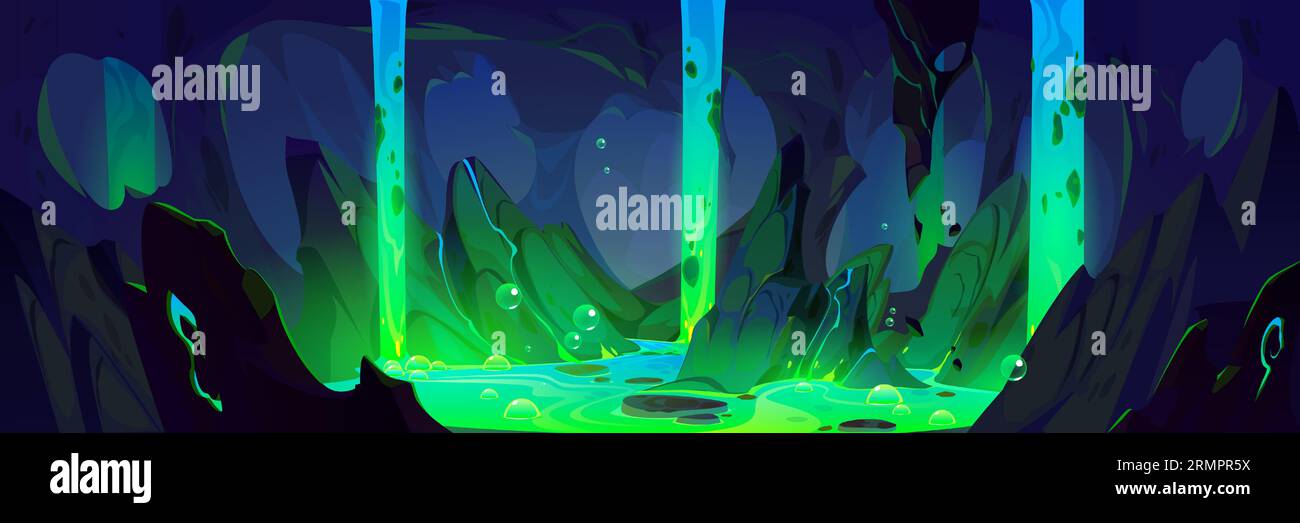 Dark toxic game cave inside cartoon background. Fantasy poisonous dungeon with green waterfall flow and underground stream design. Adventure inner rock mountain scene with glow sewage river and bubble Stock Vector