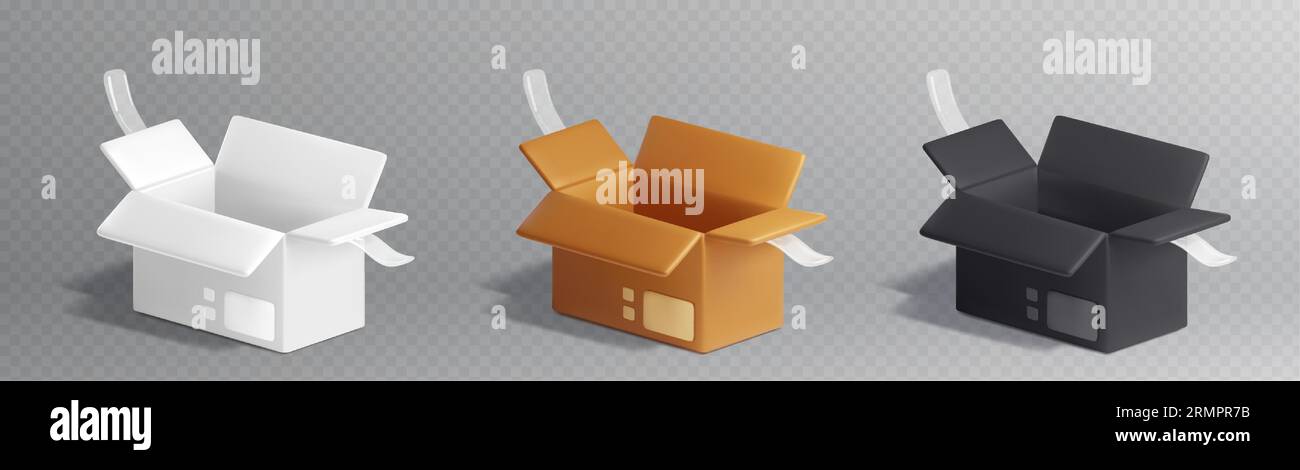 3d open cardboard parcel box package vector icon in brown, white and ...