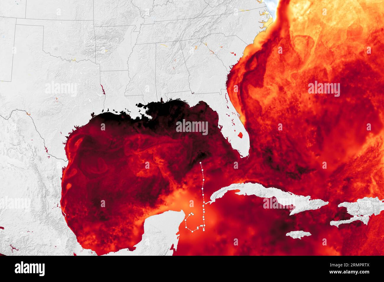 Florida, USA. 29th Aug, 2023. Idalia strengthened into a hurricane Tuesday and barreled toward Florida's Gulf Coast as authorities warned residents of vulnerable areas to pack up and leave to escape the twin threats of high winds and devastating flooding. August 27 based on data from the Multiscale Ultrahigh Resolution Sea Surface Temperature (MUR SST) project, a NASA Jet Propulsion Laboratory effort that blends measurements of sea surface temperatures from multiple NASA, NOAA, and international satellites, as well as ship and buoy observations. (Credit Image: © NOAA/ZUMA Press Wire/ZUMAPRESS Stock Photo