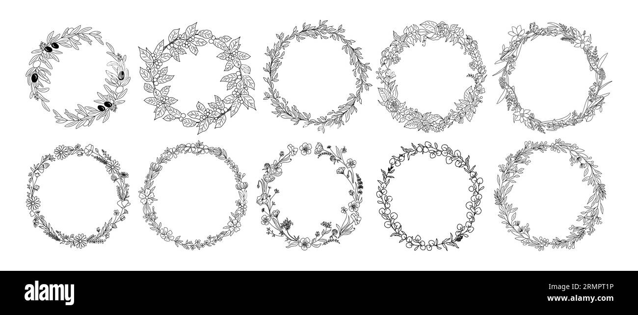 Set of Hand drawn botanical wreath line art vector Stock Vector Image ...