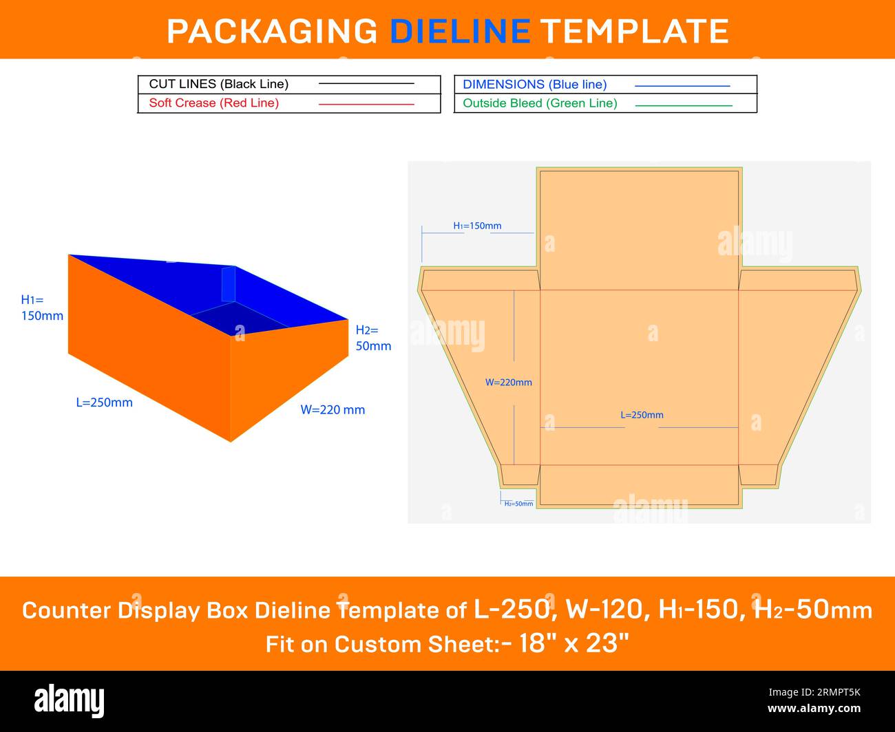Cardboard Counter Display Box Dieline Template for Corrugated L 250xW